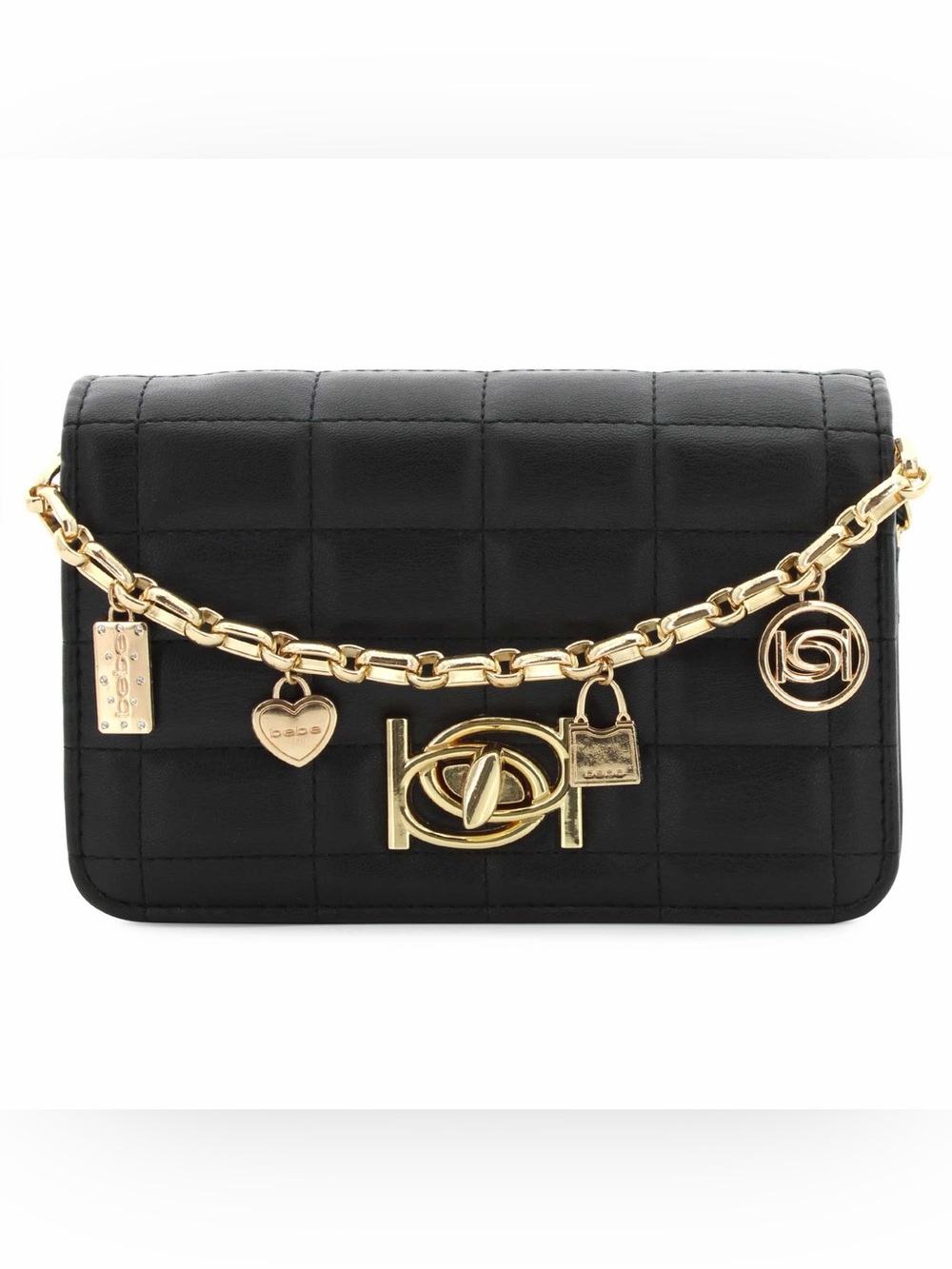 Bebe Jacari Black Quilted Crossbody with Gold Chain
